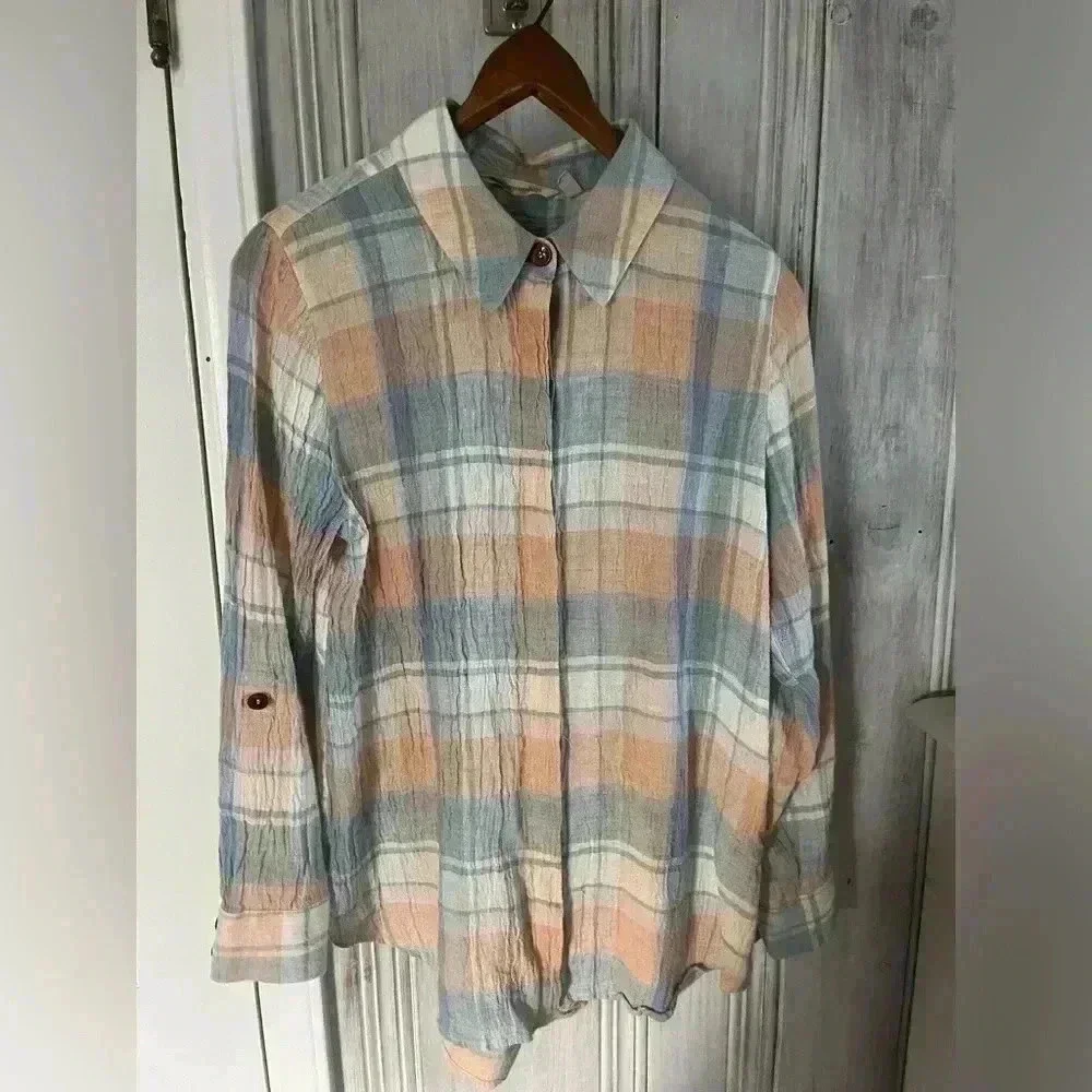 SOFT SURROUNDINGS Linen Pastel Plaid Button Down Tunic XS Laggenlook preppy prep